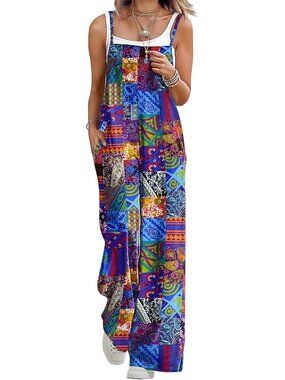 Women's Summer Bohemian Floral Jumpsuits Casual Wide Leg Romper Sleeveless